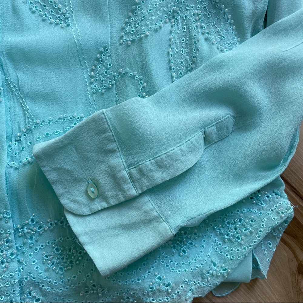 Vintage Ice Light Aqua Blouse and Camisole Set Embroidered and Beaded Size M - Picture 5 of 10